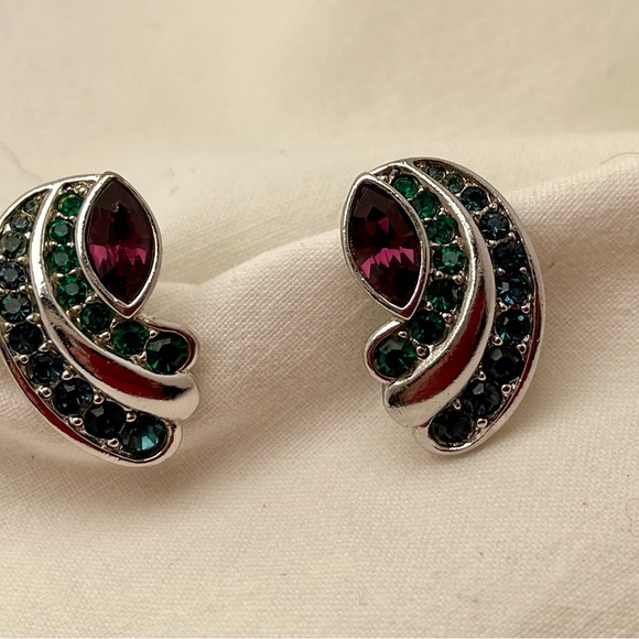 Vintage Signed Yves St Laurent YSL Rhinestone French Clip Earrings 1980s - Picture 2 of 8